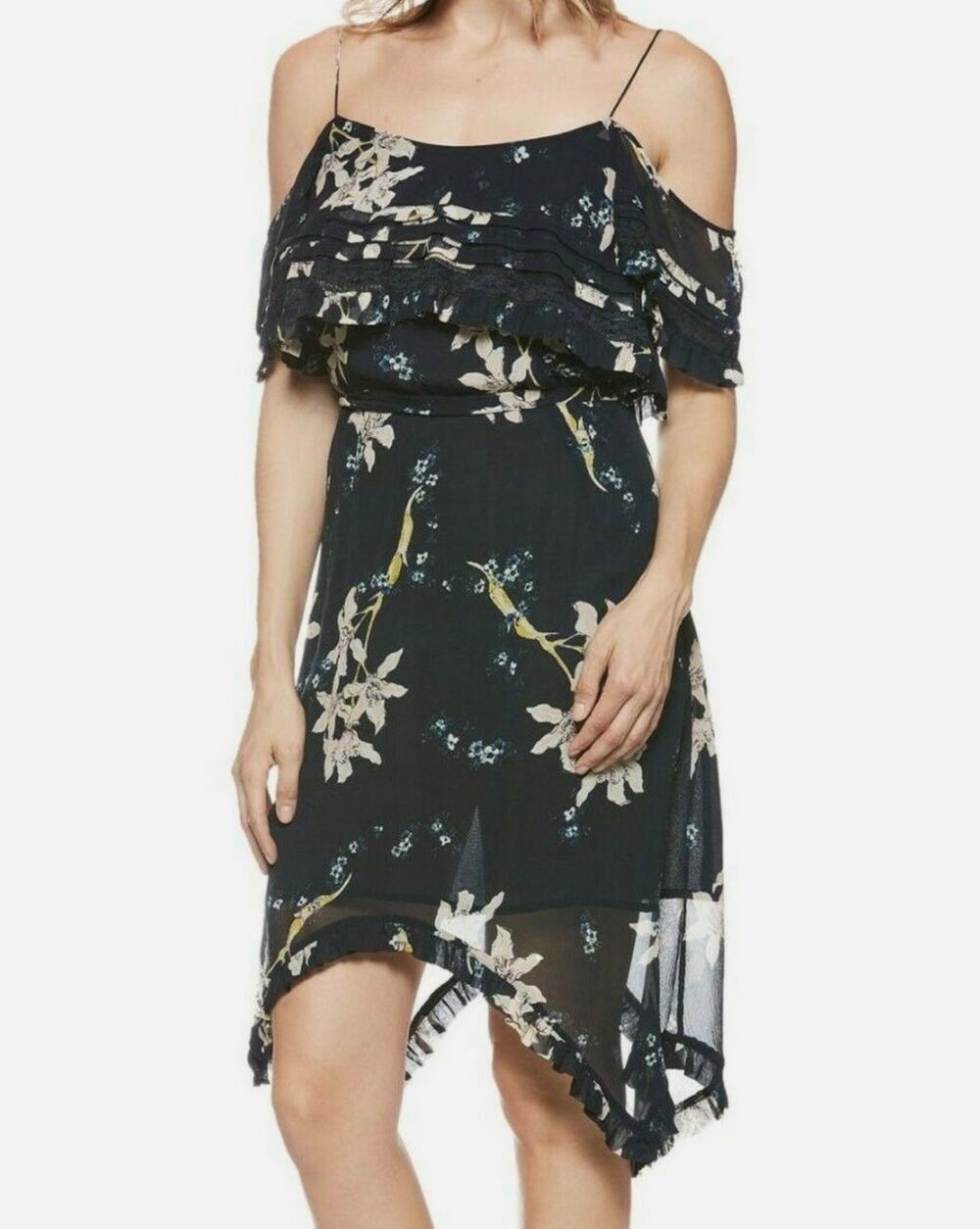 PAIGE Sahar Cold Shoulder Silk Dress Women's M Navy Orchid Floral Sharkbite Hem